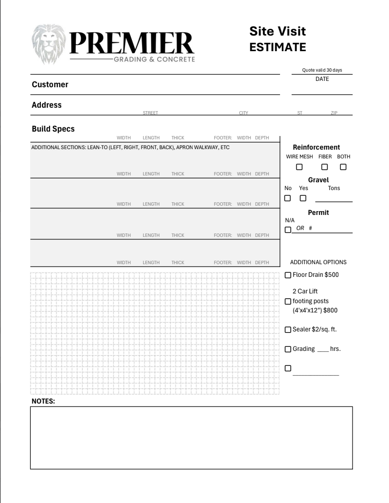 Premier site visit estimate sheet